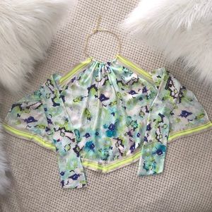 NWOT EXPRESS SILKY FLORAL GOLD OPEN BACK HALTER S